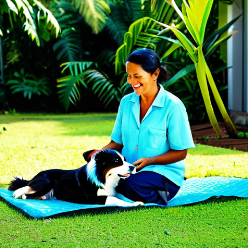 Home 12 A professional woman, fully clothed in modest, lightweight tropical attire, offers a collapsible water bowl filled with fresh water to her happy Border Collie mix dog. They are in a shaded, lush outdoor area in Vanuatu, possibly on a cool tiled patio or under a grand banyan tree. A cooling mat is visible nearby. The scene is well-lit by soft morning light, emphasizing comfort and hydration in a tropical climate. safe for work, appropriate content, fully clothed, family-friendly, perfect anatomy, correct proportions, natural pose, well-formed hands, proper finger count, natural body proportions, professional photography, high quality.
