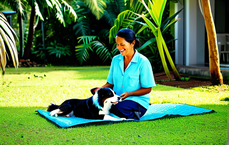 A professional woman, fully clothed in modest, lightweight tropical attire, offers a collapsible water bowl filled with fresh water to her happy Border Collie mix dog. They are in a shaded, lush outdoor area in Vanuatu, possibly on a cool tiled patio or under a grand banyan tree. A cooling mat is visible nearby. The scene is well-lit by soft morning light, emphasizing comfort and hydration in a tropical climate. safe for work, appropriate content, fully clothed, family-friendly, perfect anatomy, correct proportions, natural pose, well-formed hands, proper finger count, natural body proportions, professional photography, high quality.