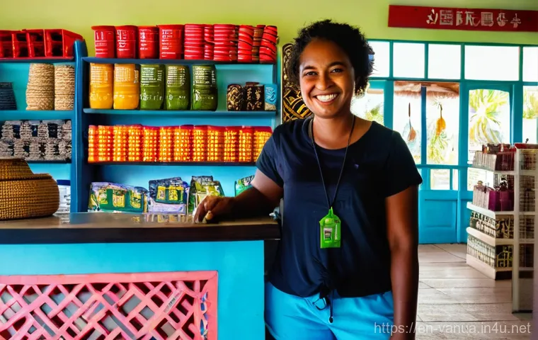 바누아투 유심 및 인터넷 - **Prompt:** A young female traveler, dressed in light, modest summer clothing (e.g., linen shorts an...