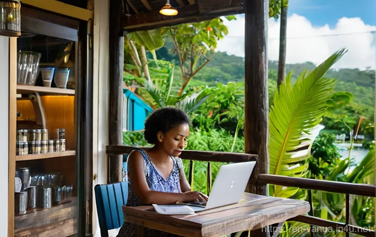 바누아투 유심 및 인터넷 - **Prompt:** A male traveler in his late 20s, wearing casual swimwear appropriate for a public beach ...