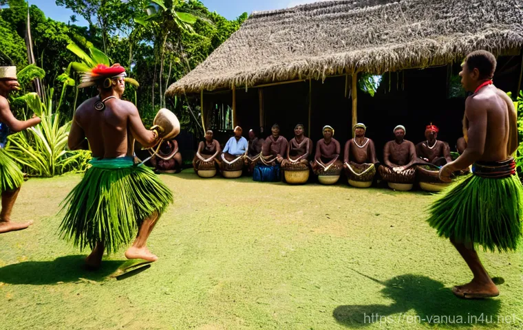 바누아투 원주민의 생활 방식 - **Vanuatu Kastom Ceremony:** A vibrant kastom ceremony taking place in a lush, traditional Vanuatu v...