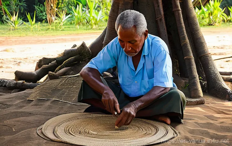 바누아투 원주민의 생활 방식 - **Communal Laplap Preparation:** A lively outdoor scene in a Vanuatu village, depicting the communal...