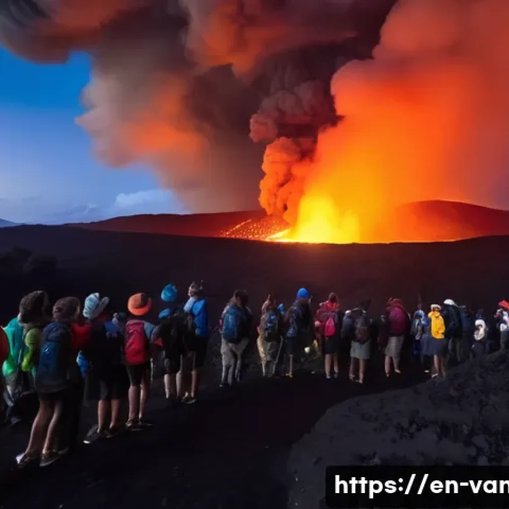 바누아투 하이킹 및 트레킹 코스 - **Mount Yasur Volcano Ascent at Dusk:**
    A breathtaking, wide-angle shot of a diverse group of hi...