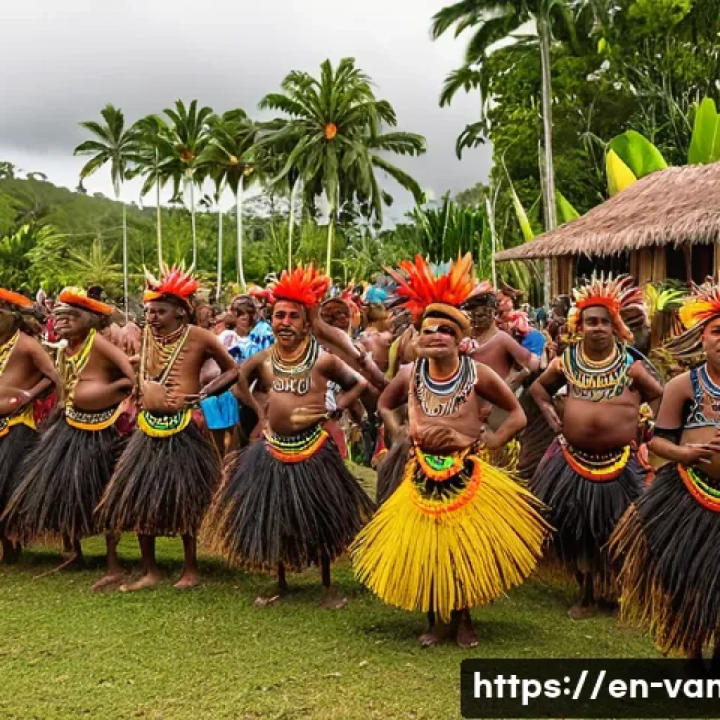 바누아투의 대표 축제 - A vibrant, detailed, wide-angle photograph capturing a traditional Vanuatu cultural festival. In the...