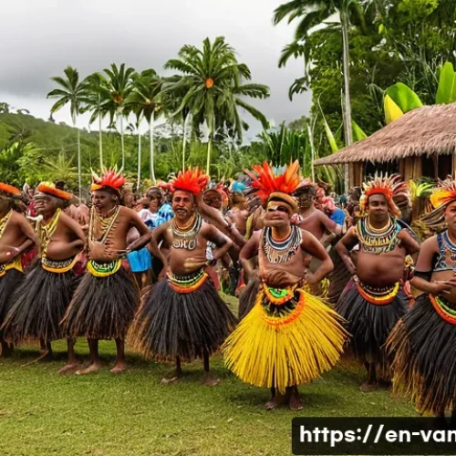바누아투의 대표 축제 - A vibrant, detailed, wide-angle photograph capturing a traditional Vanuatu cultural festival. In the...