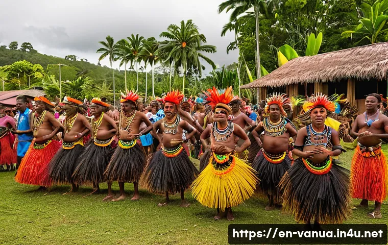 바누아투의 대표 축제 - A vibrant, detailed, wide-angle photograph capturing a traditional Vanuatu cultural festival. In the...