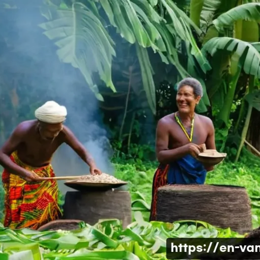 바누아투 음식 문화 - **Prompt 1: Unearthing the Earth Oven's Secrets: The Magic of Laplap**
    "A vibrant scene in a lus...