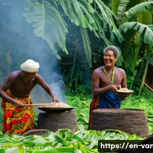 바누아투 음식 문화 - **Prompt 1: Unearthing the Earth Oven's Secrets: The Magic of Laplap**
    "A vibrant scene in a lus...