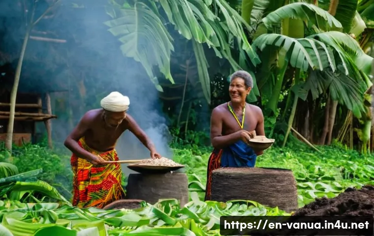 바누아투 음식 문화 - **Prompt 1: Unearthing the Earth Oven's Secrets: The Magic of Laplap**
    "A vibrant scene in a lus...