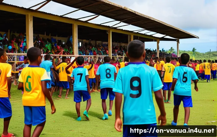바누아투의 축구 리그 - A vibrant local football match scene in a small island community stadium during daytime, featuring d...