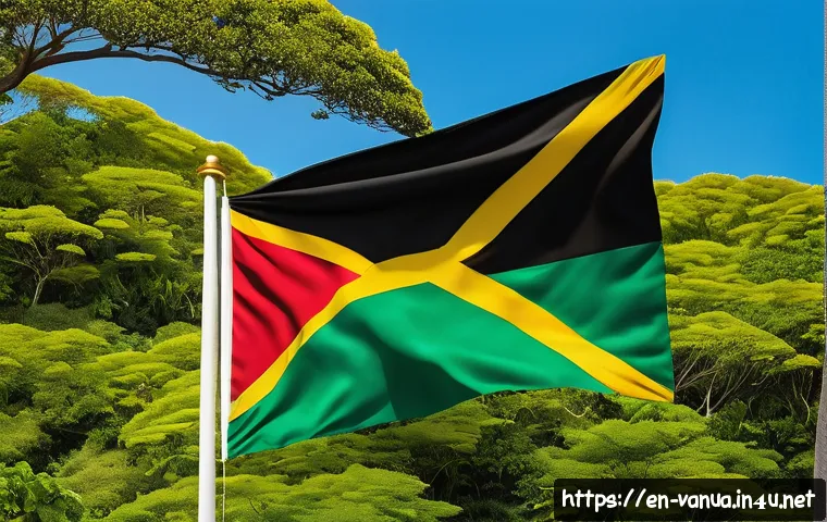 바누아투 국기 의미 - A highly detailed and vibrant illustration of Vanuatu&rsquo;s national flag waving gently in the ocean bre...