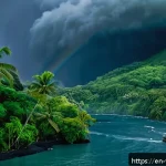 Home 19 바누아투 긴급 상황 대처법 - A detailed scene of a tropical island in Vanuatu during a sudden cyclone onset: dark swirling storm ...