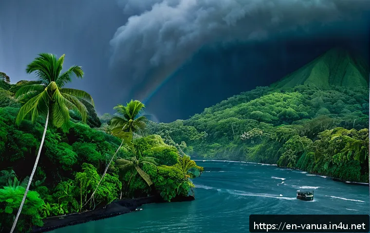 바누아투 긴급 상황 대처법 - A detailed scene of a tropical island in Vanuatu during a sudden cyclone onset: dark swirling storm ...