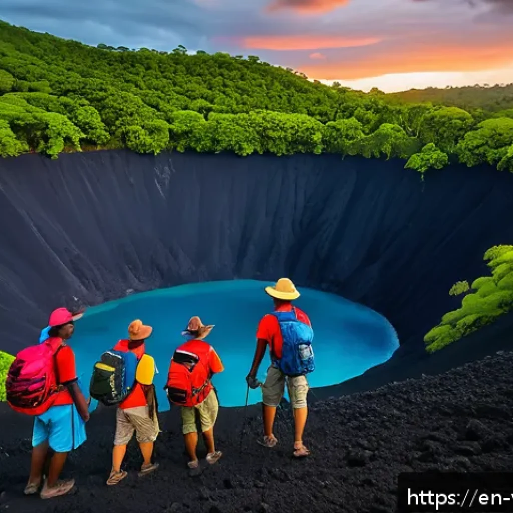 바누아투 경제와 산업 - A vibrant scene of eco-tourism in Vanuatu featuring a group of diverse tourists wearing light advent...