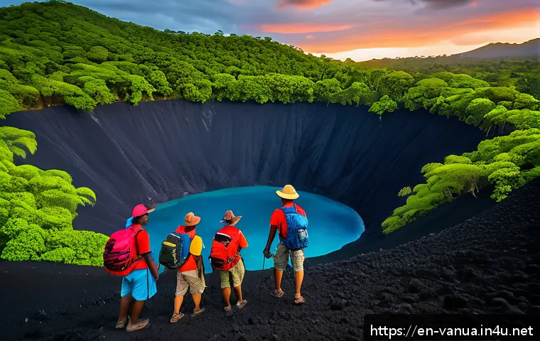 바누아투 경제와 산업 - A vibrant scene of eco-tourism in Vanuatu featuring a group of diverse tourists wearing light advent...