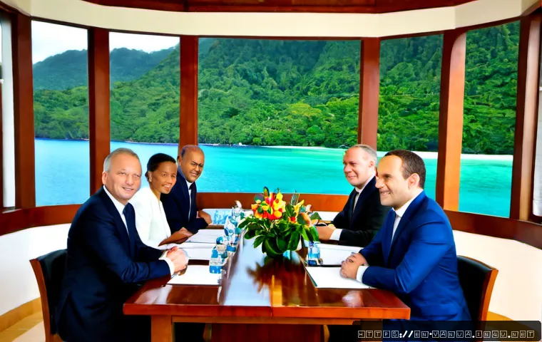 바누아투와 프랑스의 관계 - Photorealistic diplomatic meeting in Port Vila, Vanuatu, with Vanuatuan and French officials in form...