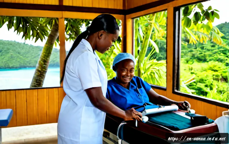 바누아투 의료 시스템 - Photorealistic rural healthcare clinic in Vanuatu, a caring Ni-Vanuatu nurse in modest professional ...