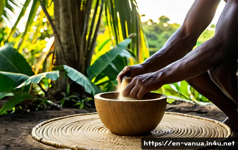 바누아투 카바 전통 음료 - Photorealistic documentary-style scene of a Vanuatu islander preparing traditional kava drink outdoo...